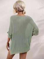 Boat Neck Cuffed Sleeve Slit Tunic Knit Top - Ladyez
