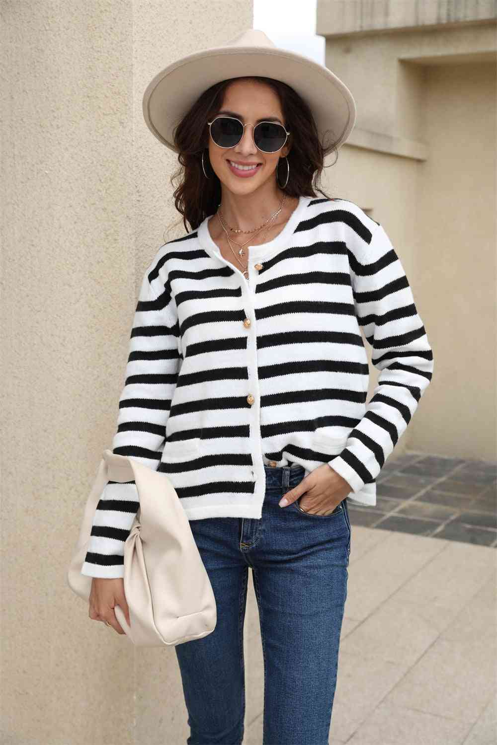 Striped Round Neck Button-Down Dropped Shoulder Cardigan - Ladyez