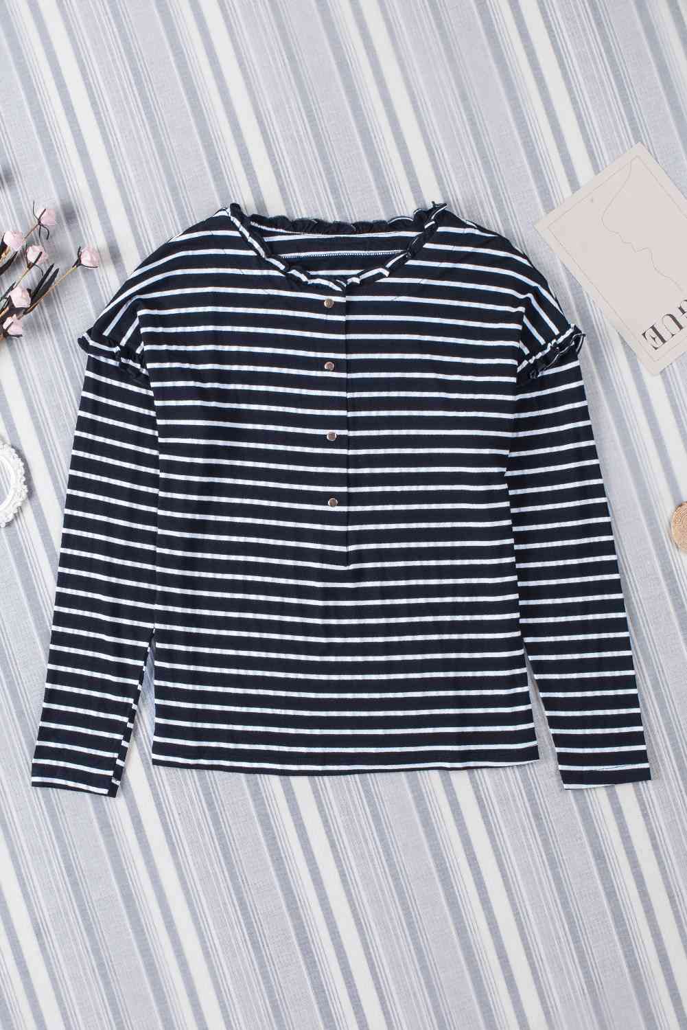Striped Half Button Frill Trim Top - Ladyez