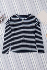 Striped Half Button Frill Trim Top - Ladyez