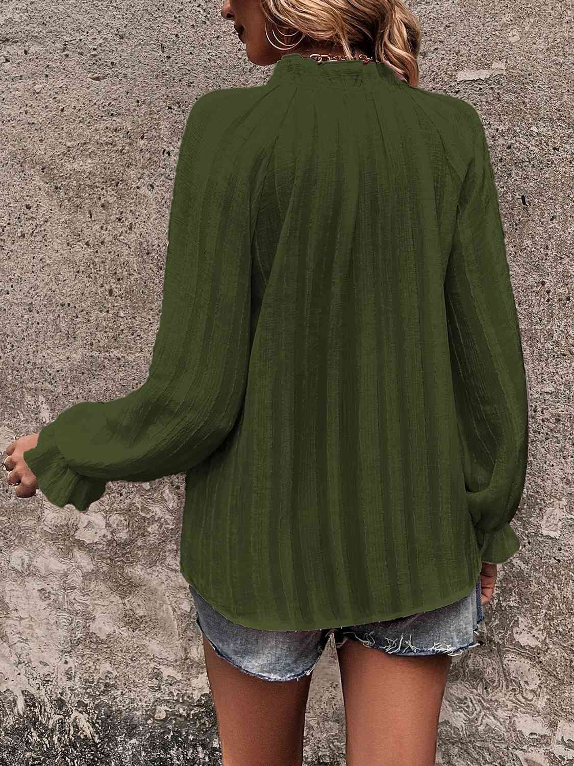Notched Neck Flounce Sleeve Shirt - Ladyez