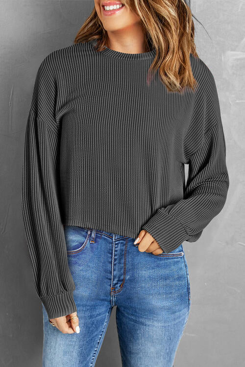 Round Neck Drop Shoulder Long Sleeve Top - Ladyez