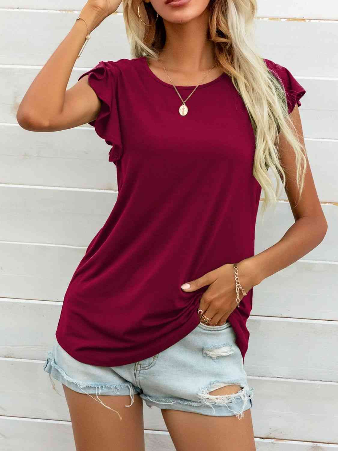 Round Neck Butterfly Sleeve Top - Ladyez