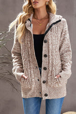 Cable-Knit Fleece Lining Button-Up Hooded Cardigan - Ladyez