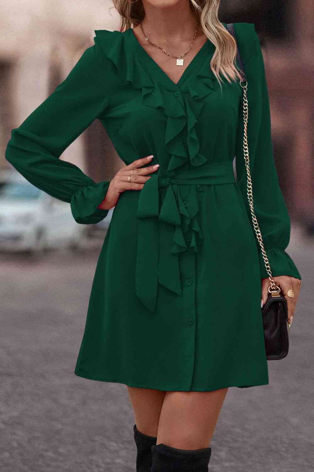 Ruffled Flounce Sleeve V-Neck Belted Dress - Ladyez