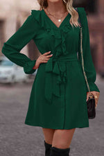 Ruffled Flounce Sleeve V-Neck Belted Dress - Ladyez