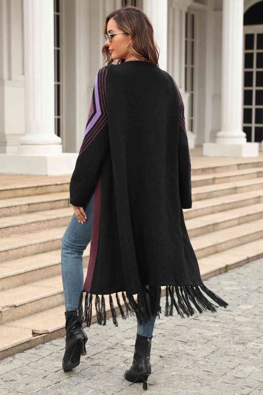 Double Take Geometric Fringe Hem Open Front Duster Cardigan - Ladyez