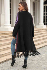 Double Take Geometric Fringe Hem Open Front Duster Cardigan - Ladyez