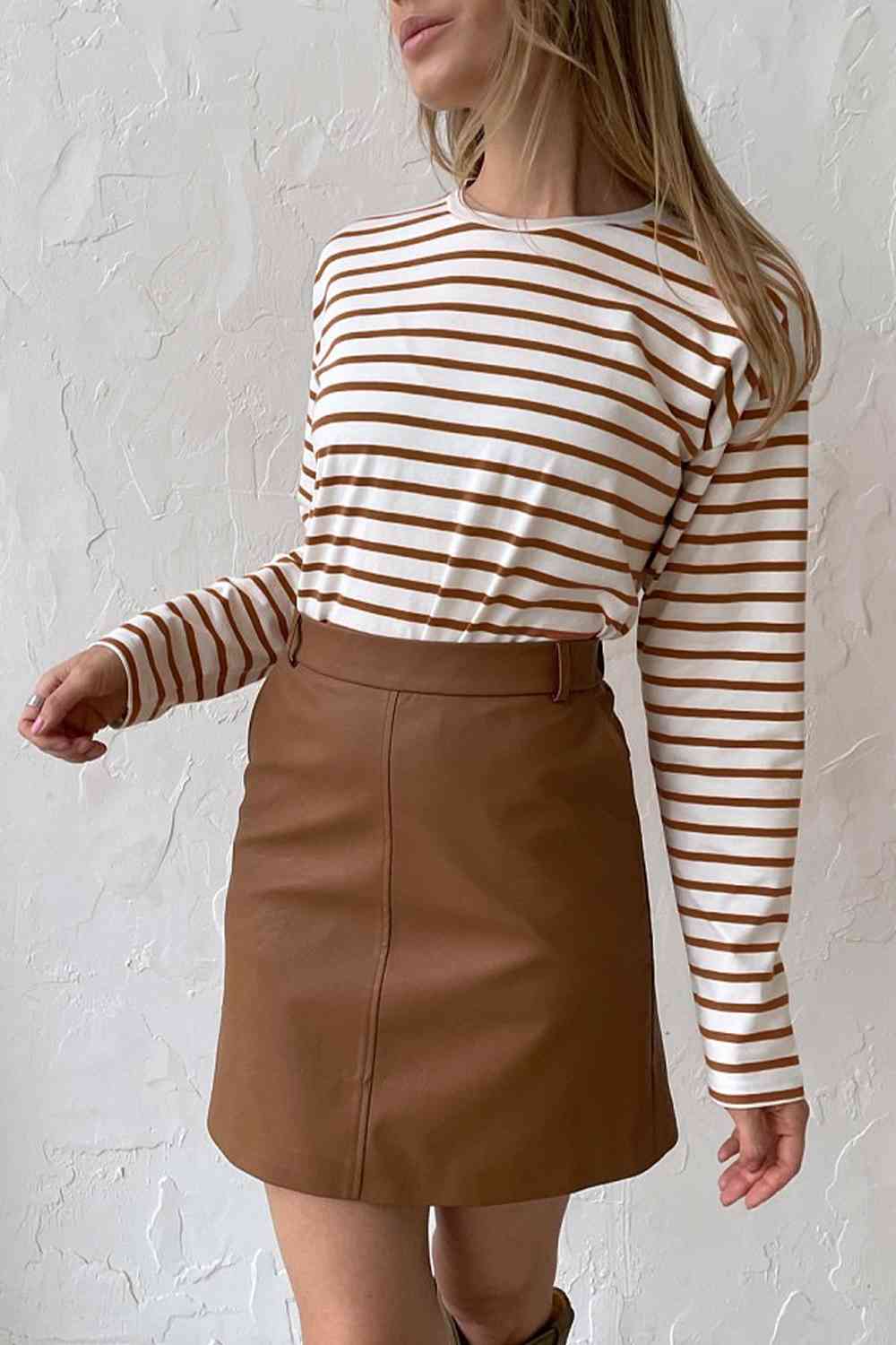 Round Neck Striped Dropped Shoulder T-Shirt - Ladyez