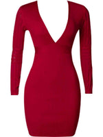 Ribbed Deep V Long Sleeve Mini Bandage Dress - Ladyez