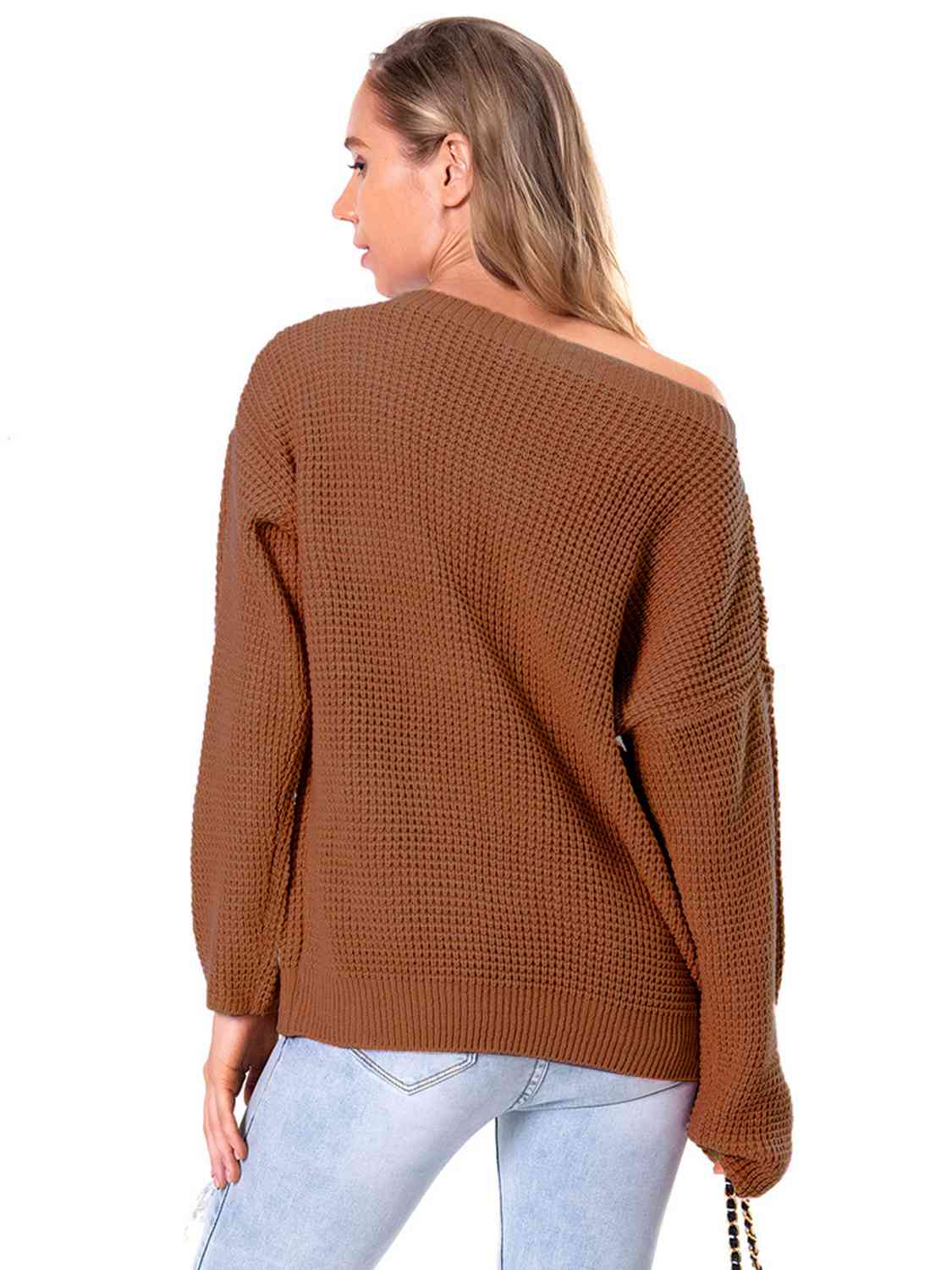 Boat Neck Drop Shoulder Long Sleeve Sweater - Ladyez