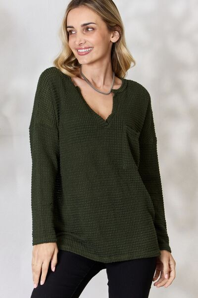 BiBi Notched Popcorn Waffle Long Sleeve Top - Ladyez