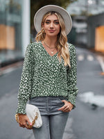 Printed V-Neck Lantern Sleeve Blouse - Ladyez