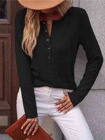 Round Neck Buttoned Long Sleeve T-Shirt - Ladyez
