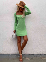 Tie Back Square Neck Long Sleeve Sweater Dress - Ladyez