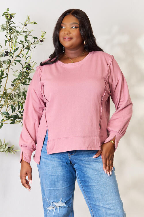 Culture Code Full Size Round Neck Exposed Seam Slit Top - Ladyez