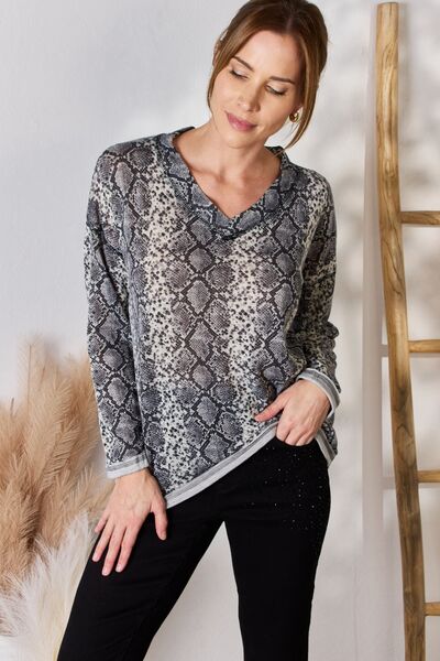 Hailey & Co Full Size Snakeskin V-Neck Long Sleeve Top - Ladyez