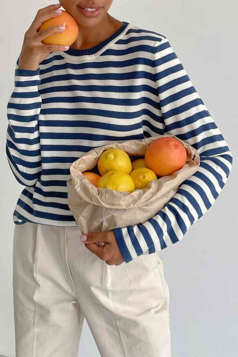 Striped Round Neck Long Sleeve Sweater - Ladyez