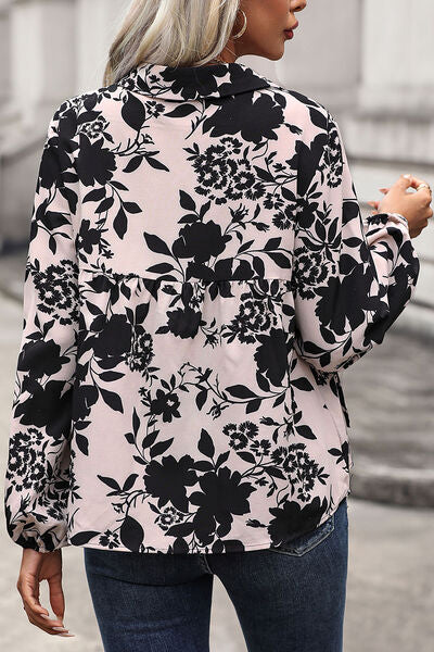 Printed Tie Neck Balloon Sleeve Blouse - Ladyez