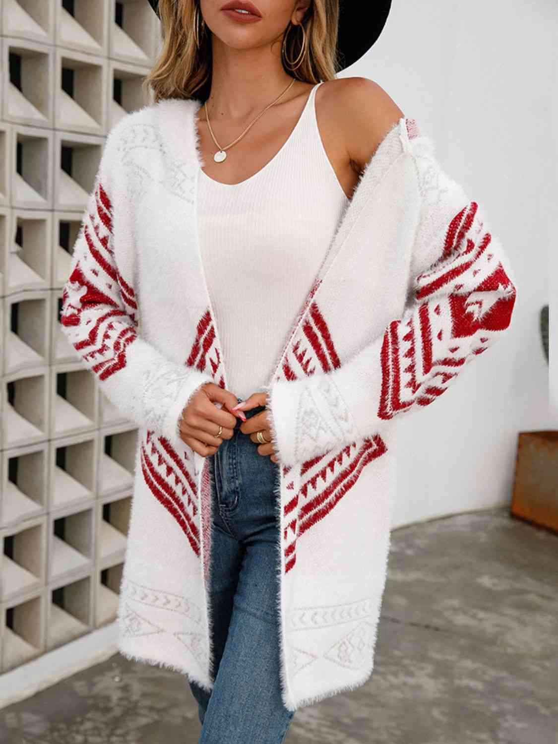 Geometric Fuzzy Hooded Cardigan - Ladyez