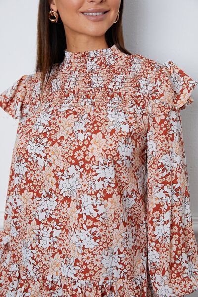 Floral Smocked Lantern Sleeve Ruffled Blouse - Ladyez