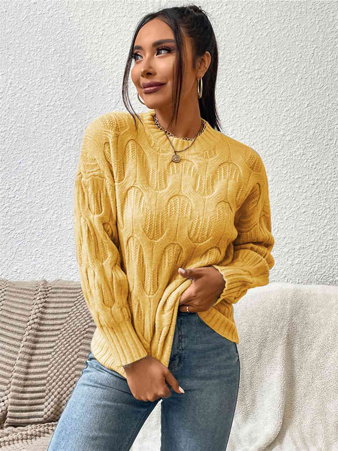 Round Neck Long Sleeve Sweater - Ladyez