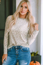 Round Neck Leopard Print Long Sleeve Tee - Ladyez