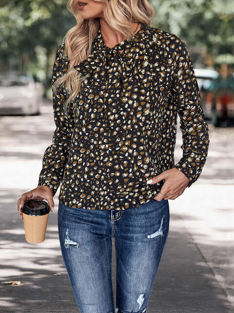 Printed Tie Neck Long Sleeve Top - Ladyez