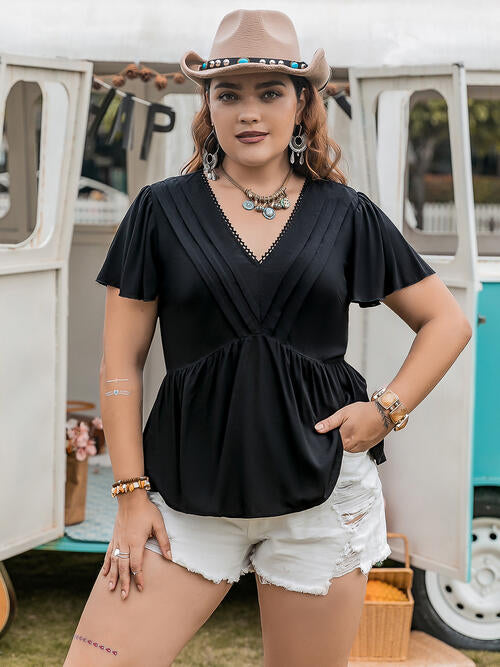 Plus Size V-Neck Flutter Sleeve Blouse - Ladyez