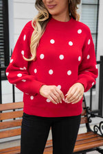 Woven Right Polka Dot Round Neck Dropped Shoulder Sweater - Ladyez