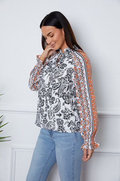 Tassel Tie Neck Printed Smocked Long Sleeve Blouse - Ladyez