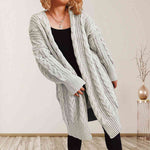 Cable-Knit Open Front Dropped Shoulder Cardigan - Ladyez