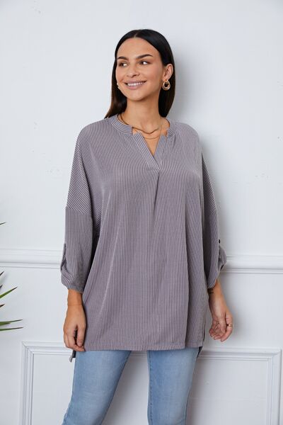 Notched Roll-Tab Sleeve Blouse - Ladyez