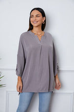 Notched Roll-Tab Sleeve Blouse - Ladyez