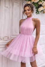 Halter Neck Backless Mesh Dress - Ladyez