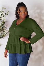 Double Take Half Button Long Sleeve Ruffle Hem Blouse - Ladyez