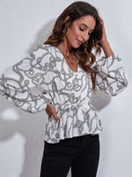 Printed V-Neck Balloon Sleeve Peplum Blouse - Ladyez