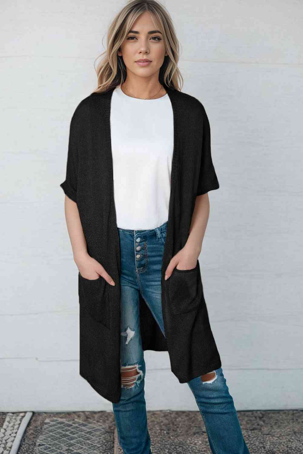 Open Front Sweater Cardigan with Pockets - Ladyez