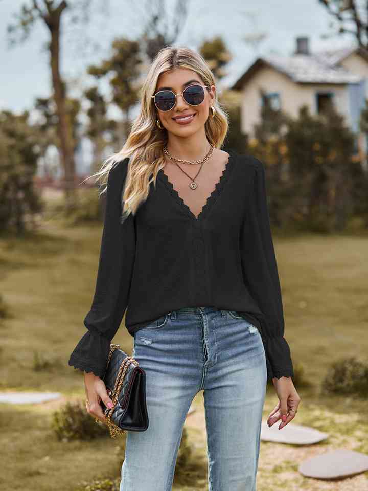 V-Neck Flounce Sleeve Blouse - Ladyez