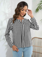 Striped Long Sleeve Notched Blouse - Ladyez