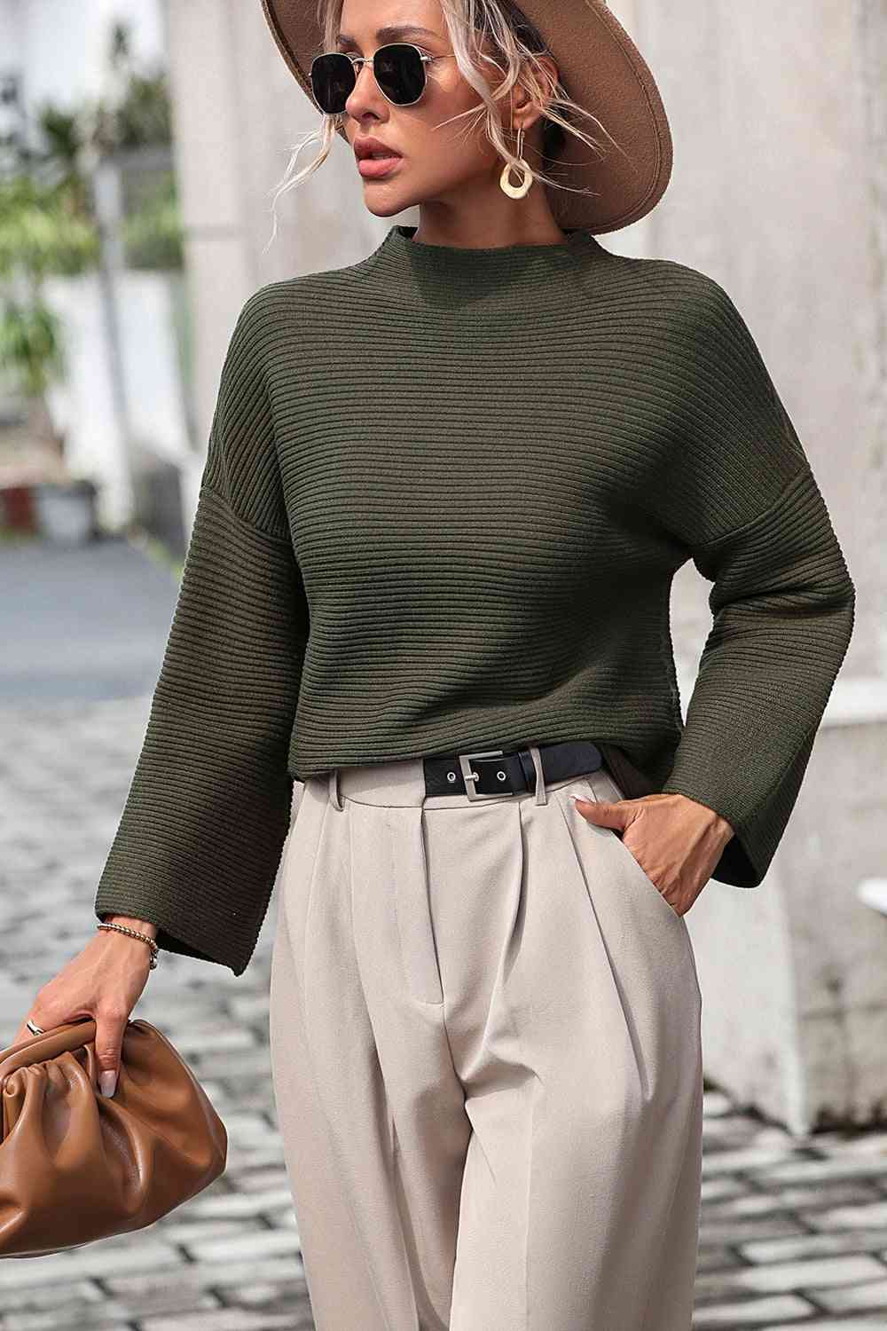 Mock Neck Dropped Shoulder Pullover Sweater - Ladyez
