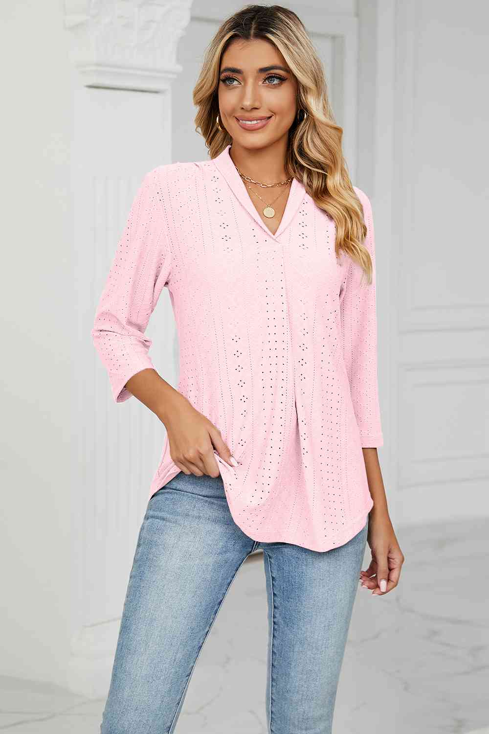 Eyelet Three-Quarter Sleeve Blouse - Ladyez
