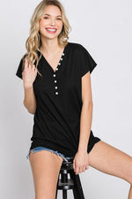 Heimish Full Size Front Button V-Neck Short Sleeve T-Shirt - Ladyez