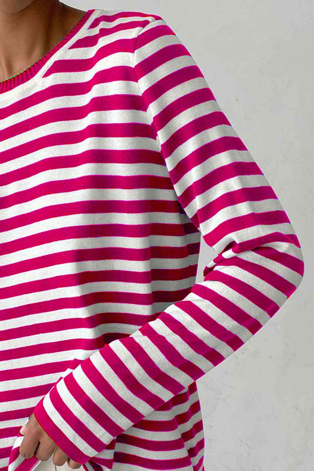 Striped Round Neck Long Sleeve Sweater - Ladyez