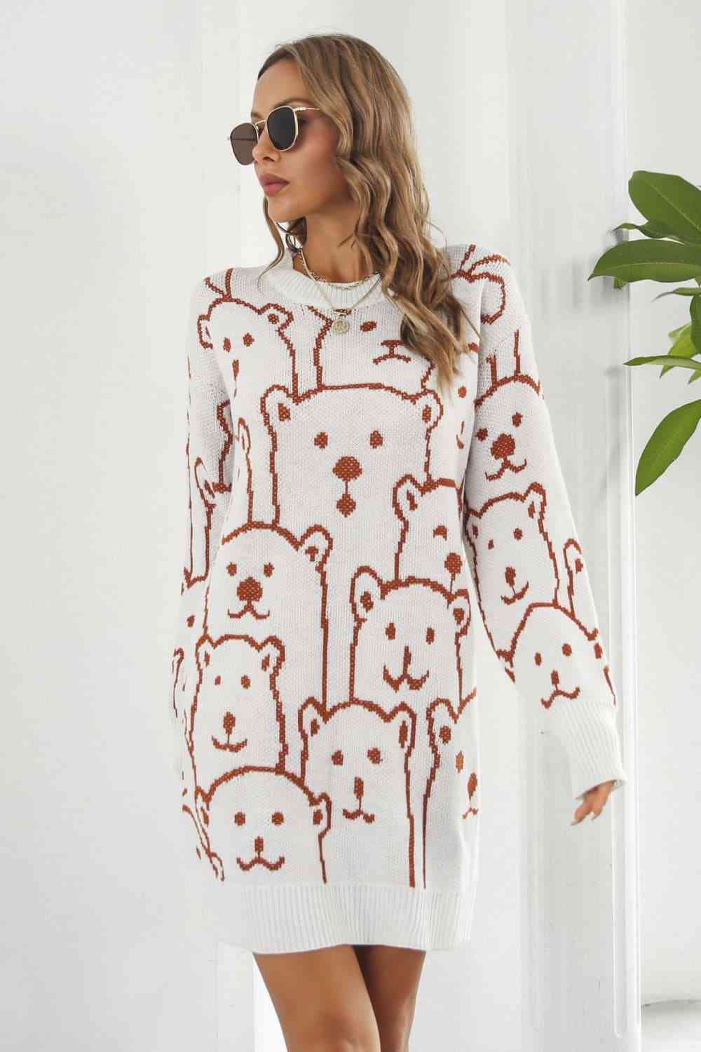 Bear Pattern Round Neck Sweater Dress - Ladyez