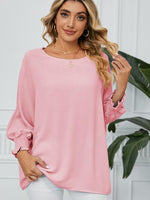 Smocked Lantern Sleeve Round Neck Blouse - Ladyez