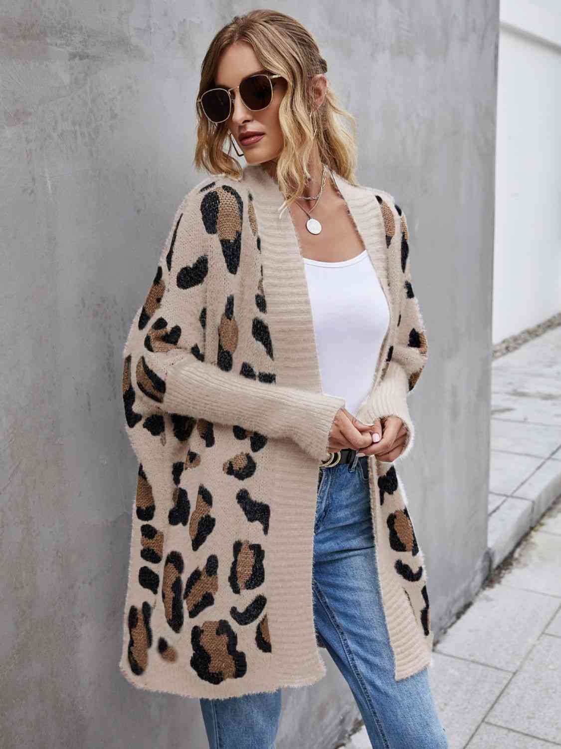 Leopard Pattern Fuzzy Cardigan - Ladyez