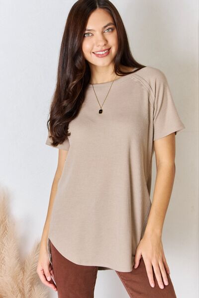 Zenana Baby Waffle Short Sleeve Slit High-Low T-Shirt - Ladyez