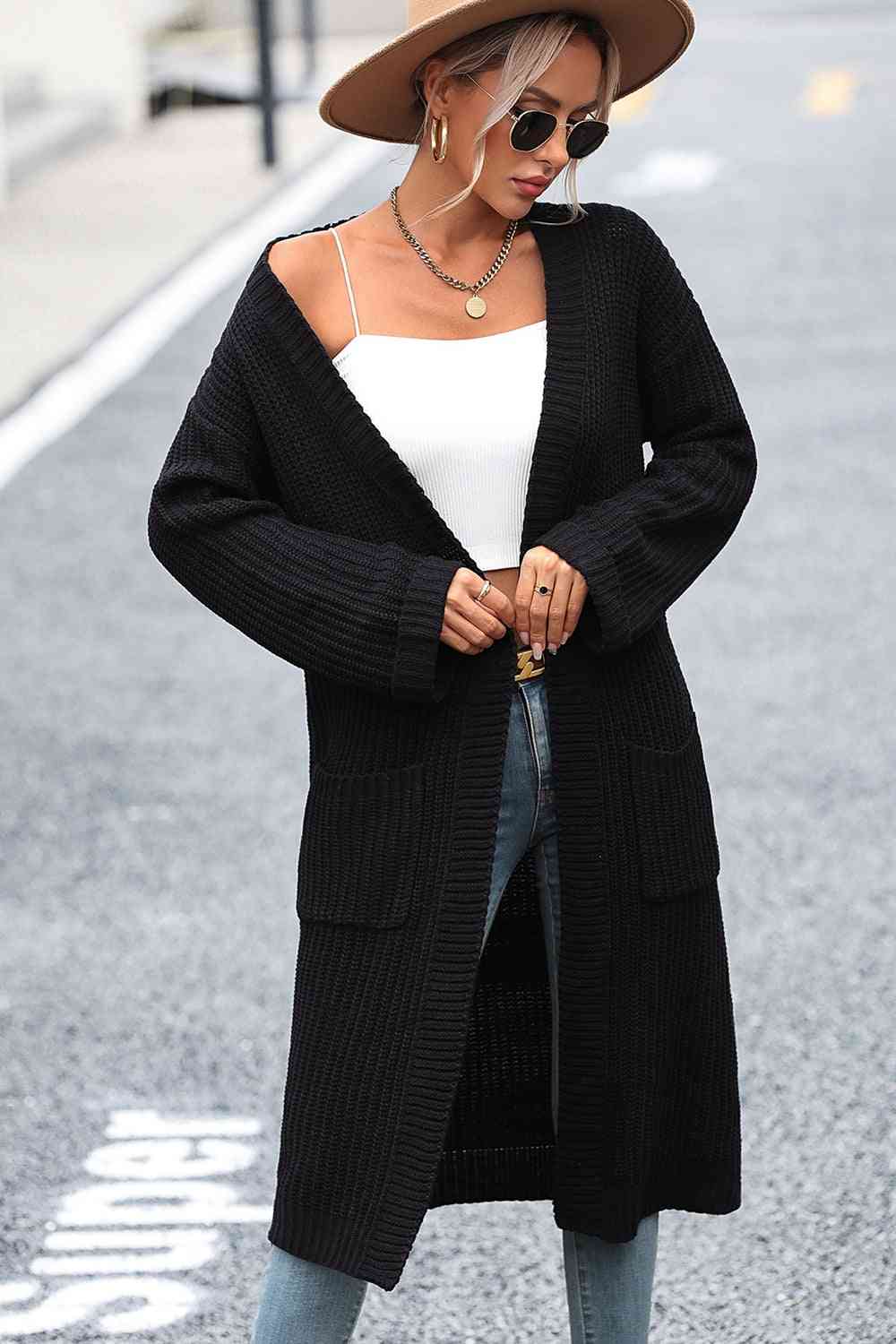 Dropped Shoulder Long Sleeve Cardigan with Pocket - Ladyez