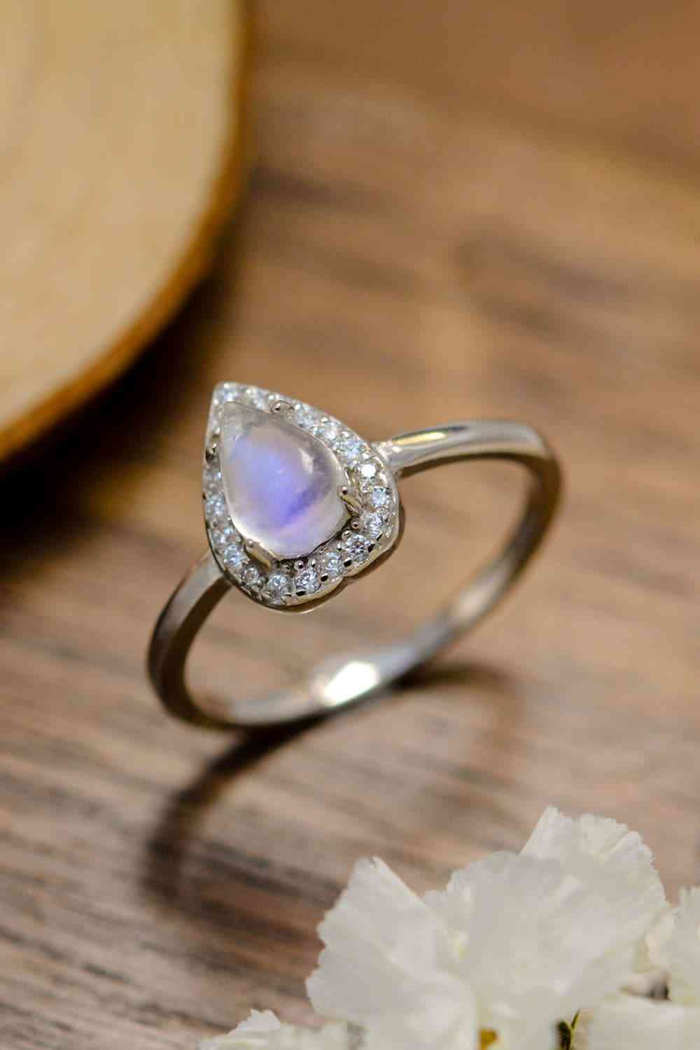 Moonstone Teardrop 925 Sterling Silver Halo Ring - Ladyez